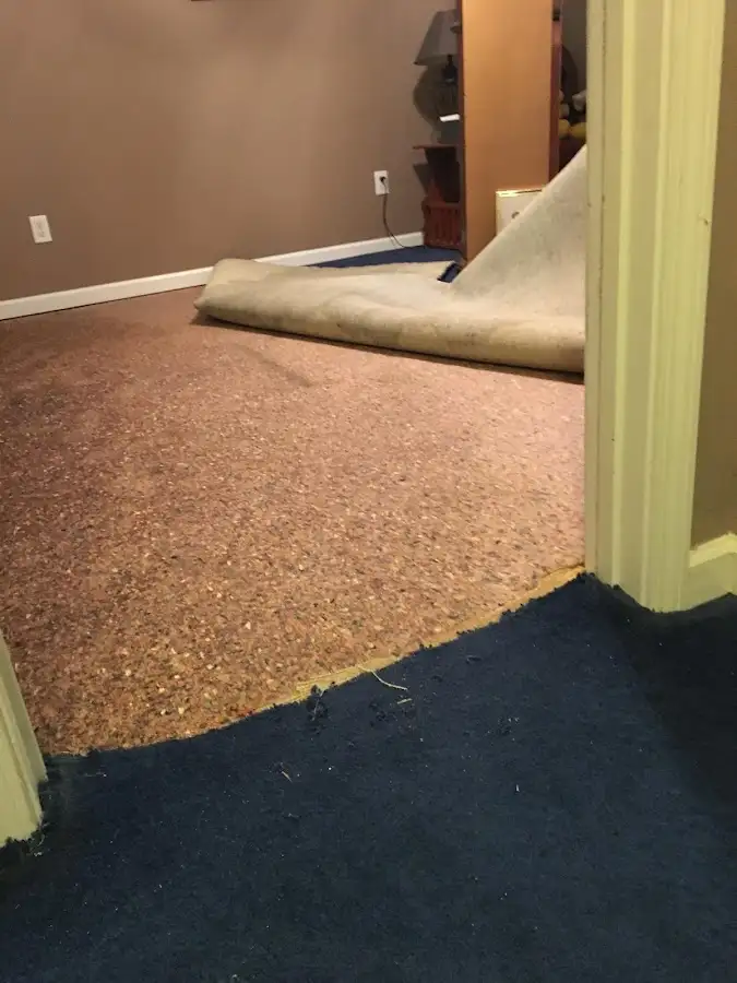 Carpet pad removal revealing water damage during Water Mitigation Services in North Aurora